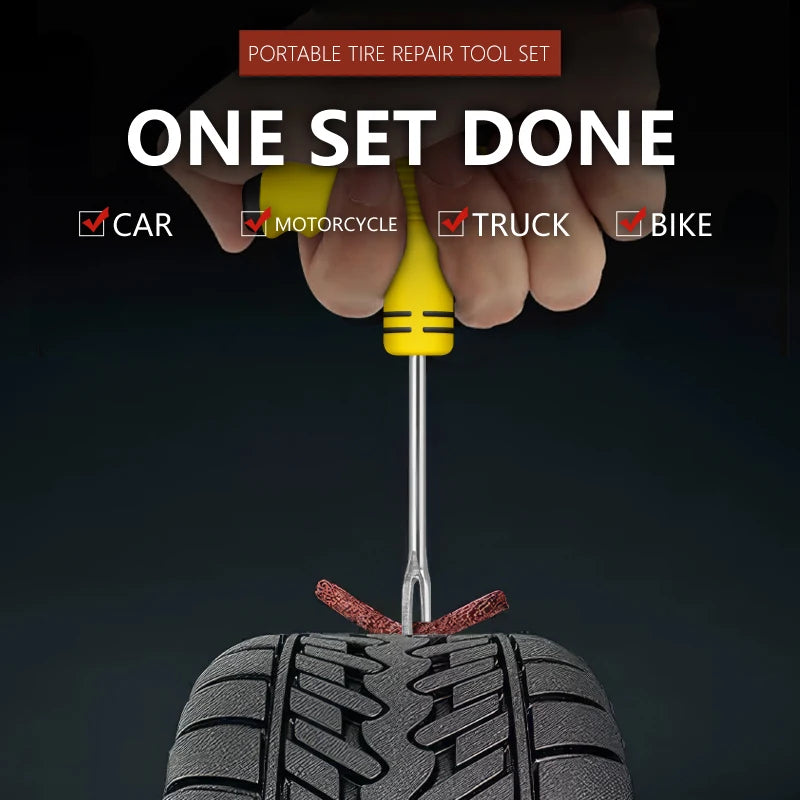 Bil Däck Reparationsverktyg Kit Med Gummistreck Och Lim, Punkteringspluggar, Metall Underhållsset
