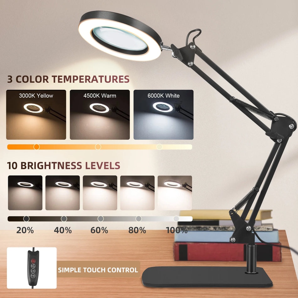 10X suurentava LED-pöytälamppu, jossa on puristusteline ja kääntyvä varsi