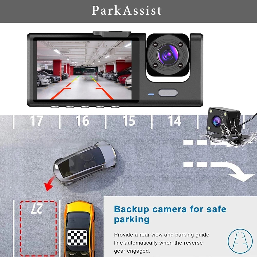 3 Channel Dash Cam Video Recorder &ndash; Triple Lens 24H Parking Monitor