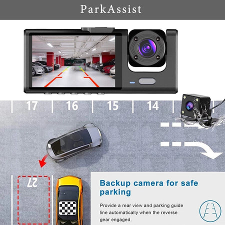 3 Channel Dash Cam Video Recorder &ndash; Triple Lens 24H Parking Monitor