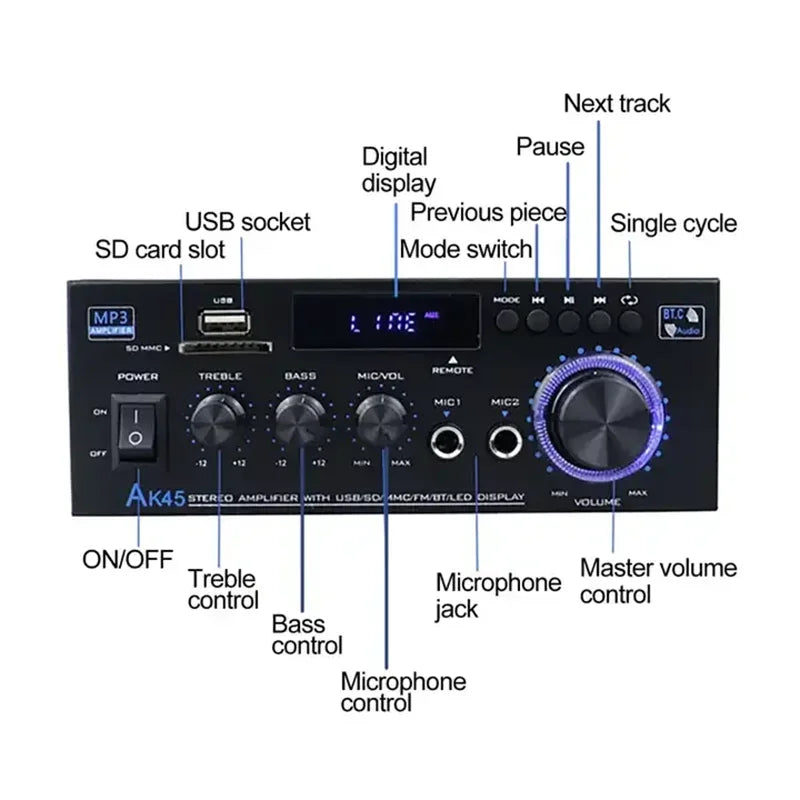 LEEDOAR AK45 80W Digital Hi-Fi Audio Amplifier with Bluetooth, FM, USB &amp; Mic Input