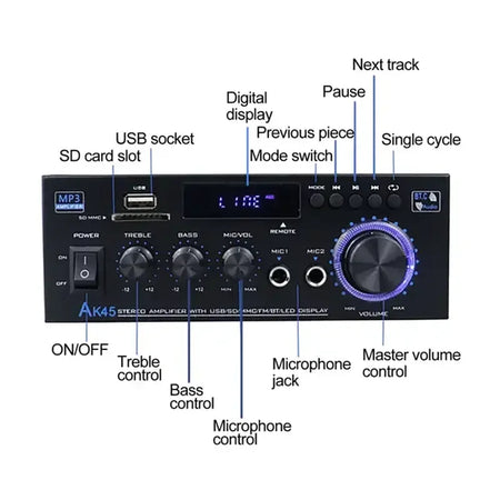 LEEDOAR AK45 80W Digital Hi-Fi Audio Amplifier with Bluetooth, FM, USB &amp; Mic Input