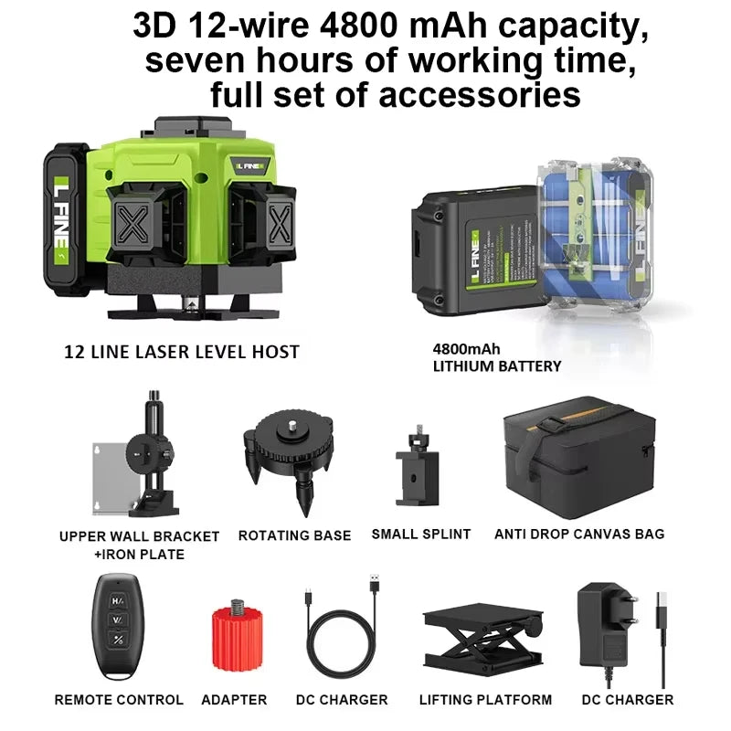 LFINE 3D/4D Laser Level - 12/16 Lines with Remote &amp; 360&deg; Self-Leveling 12 line upgraded one