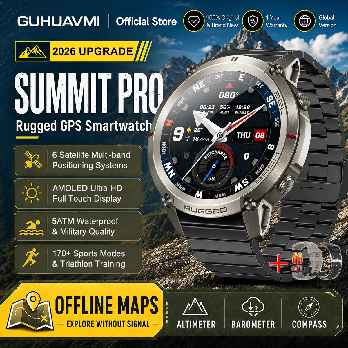 2026 Military Satellite Offline Map GPS Smart Watch Men 1.43''AMOLED Bluetooth Call Compass 5ATM Waterproof 170+Sport Smartwatch by InterCyprus Trading Ltd