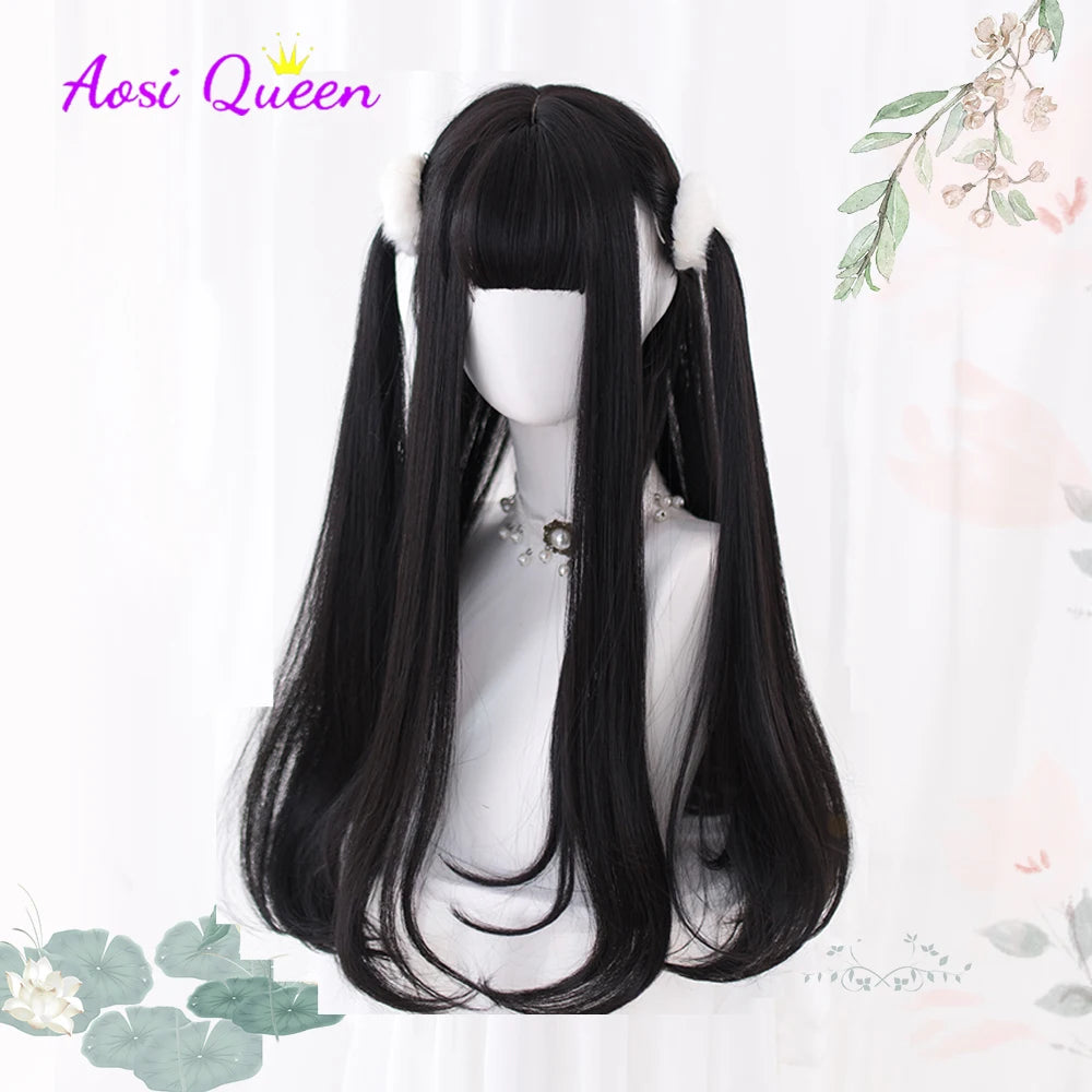 Long Straight Black Synthetic Wig with Bangs for Cosplay and Everyday Wear