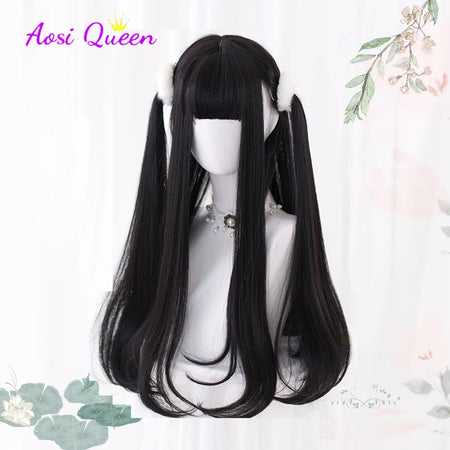 Long Straight Black Synthetic Wig with Bangs for Cosplay and Everyday Wear