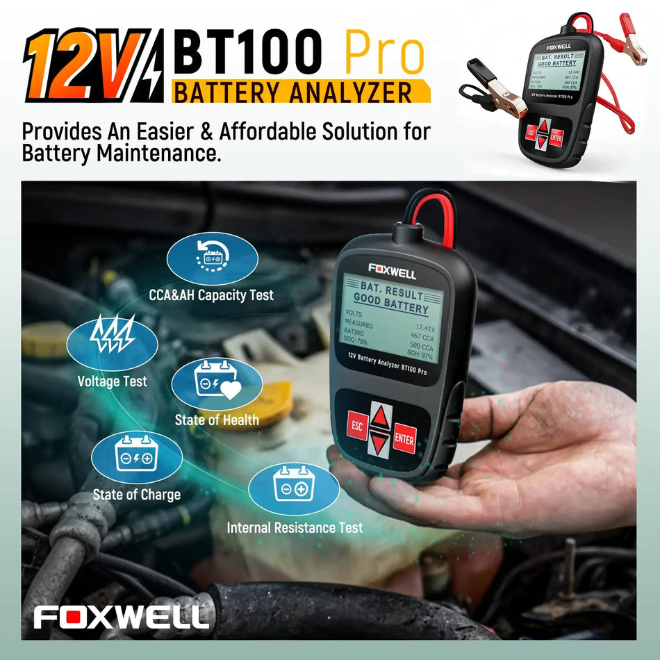 Foxwell BT100 Pro Testador de Bateria de Carro 12V Analisador de Saúde Para Baterias Flooded AGM GEL 100 a 1100 CCA e Capacidade de 200Ah