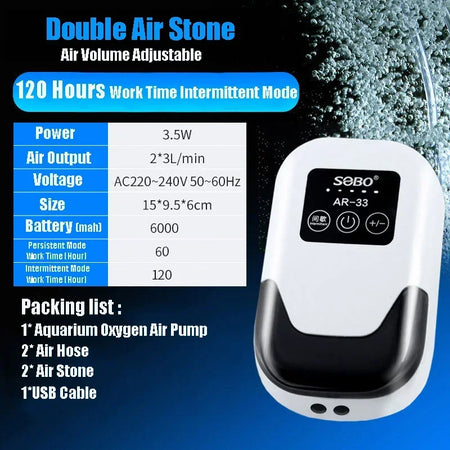 AR-33 Aquarium Oxygen Air Pump &ndash; Ultra Quiet USB Charging Double AR33 / USB