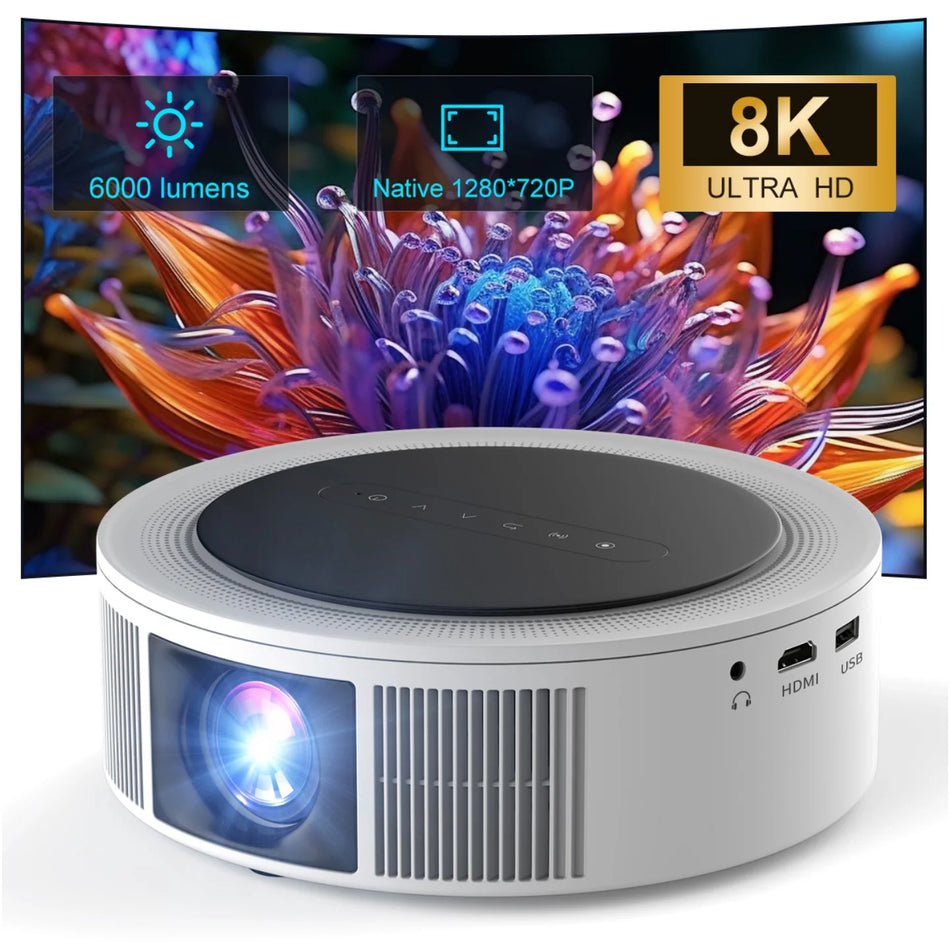 Outdoor Movie Projector for Home Theater WiFi &amp; Bluetooth Native 1080P 8K Support up to 300'' Compatible with USB iOS Android WHITE / EU Plug