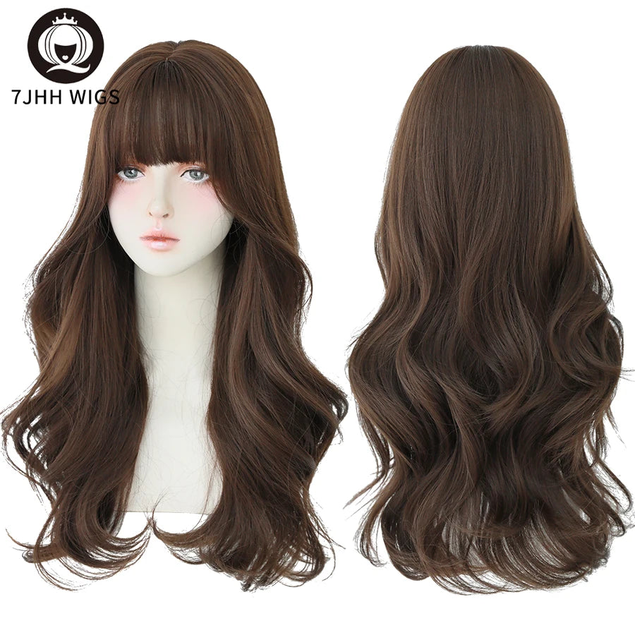 7JHH WIGS Brown Ash Long Deep Wave Wig with Bangs CT37-1