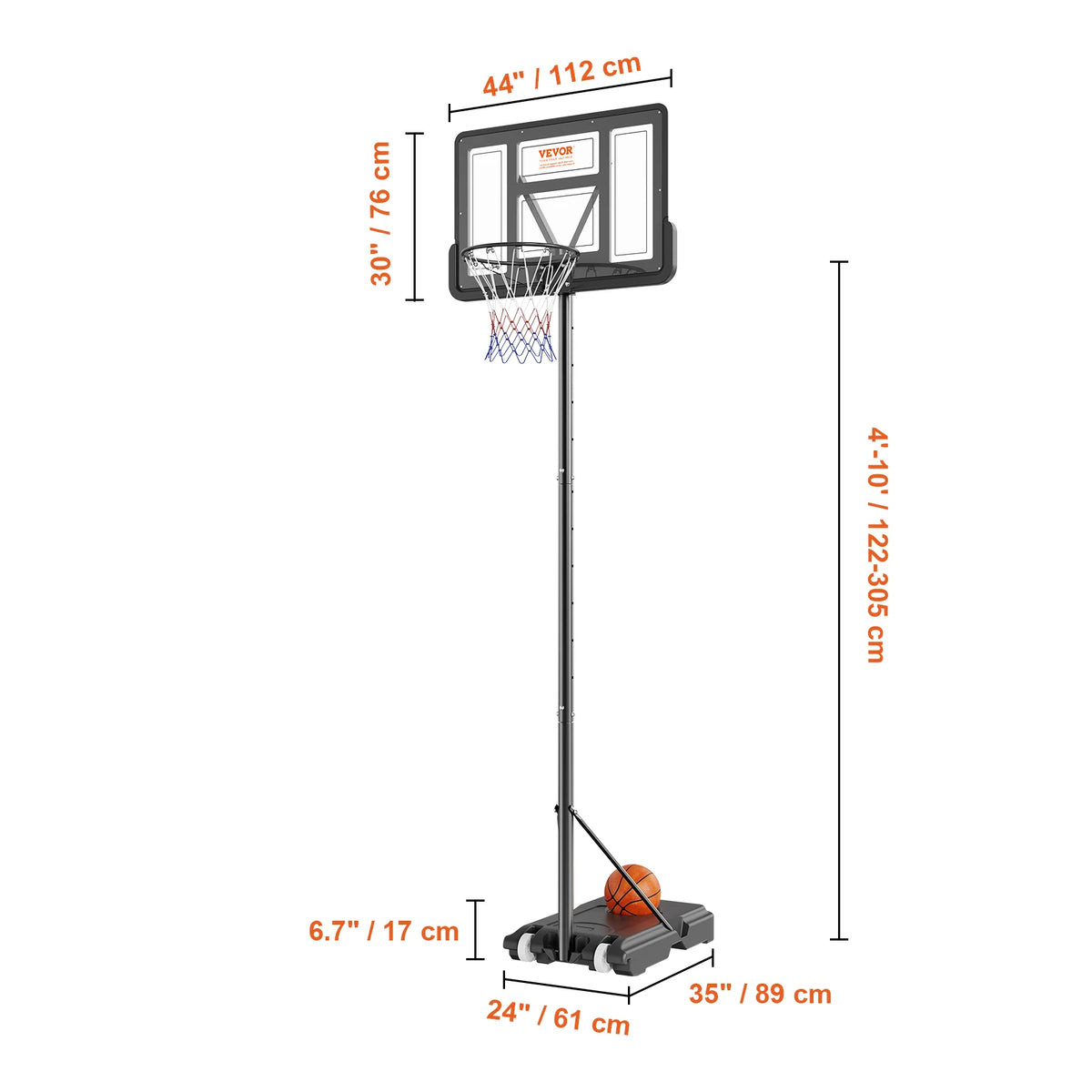 VEVOR Basketball Hoop 4-10 Ft Adjustable Backboard &ndash; Stable 44inch 4-101ft / spain