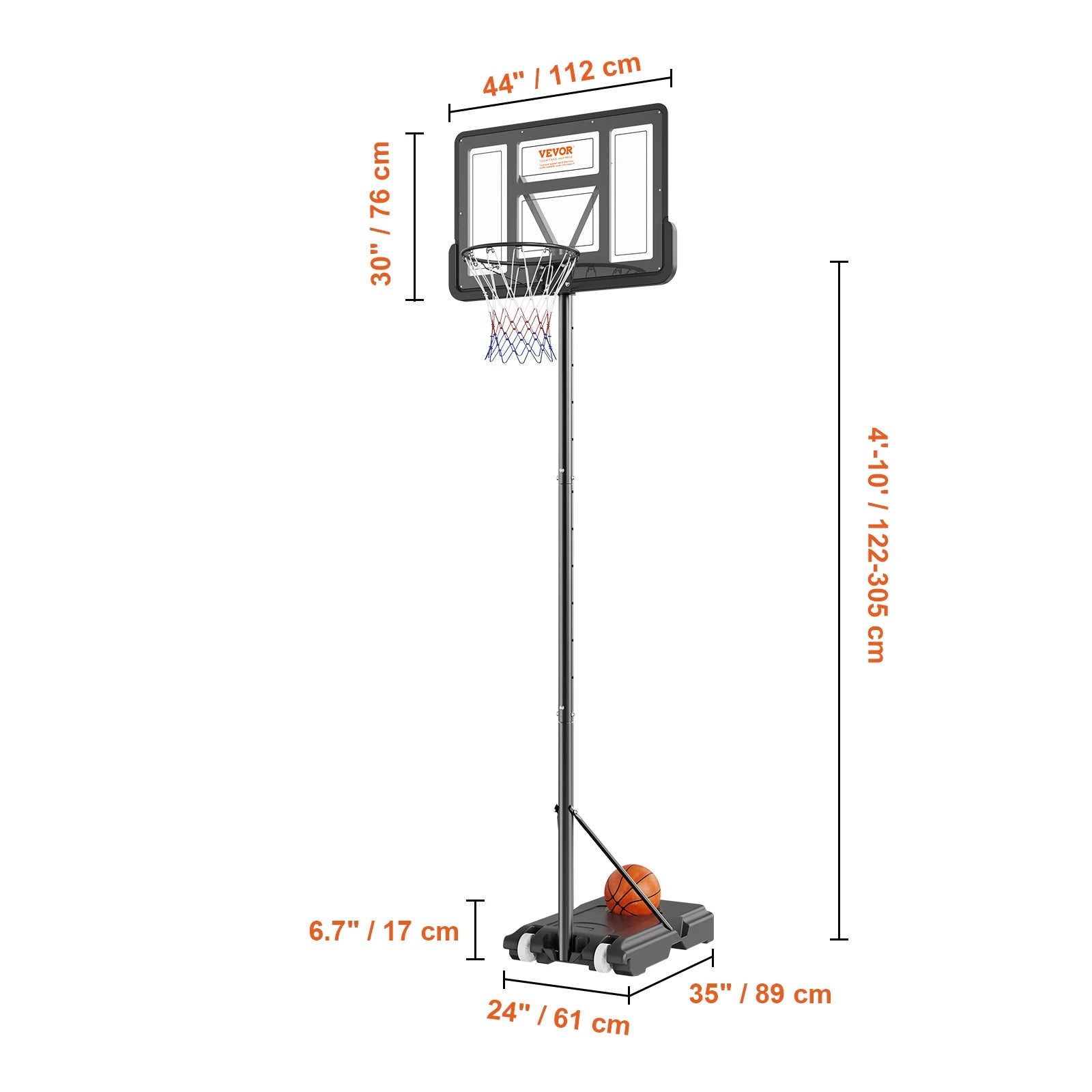 VEVOR Basketball Hoop 4-10 Ft Adjustable Backboard &ndash; Stable 44inch 4-101ft / spain