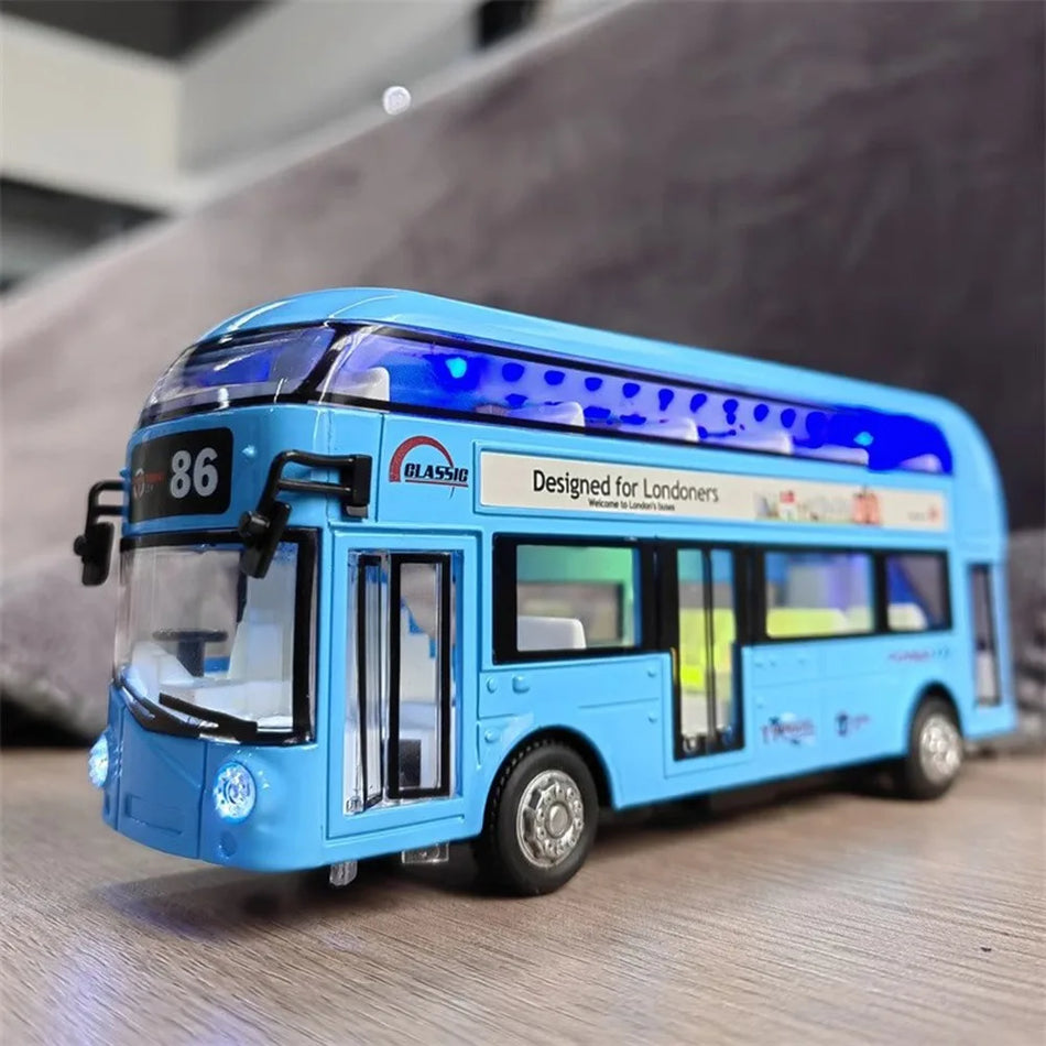 Diecast 1/36 divstāvu autobusa rotaļlieta ar skaņu un gaismu, durvis atveras, velkot atpakaļ.