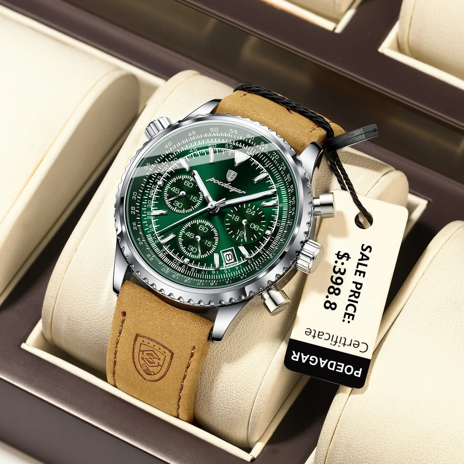 Luxury Leather Men's Quartz Luminous Chronograph Watch Waterproof Date