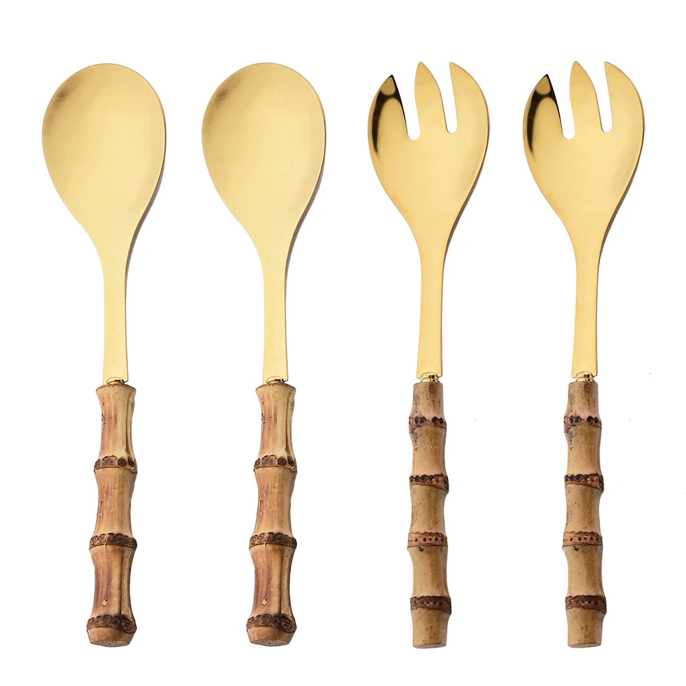 KNGZI 4Pcs Long Handle Serving Spork Set &ndash; Elegant Bamboo Wooden Handle 4Pcs Gold