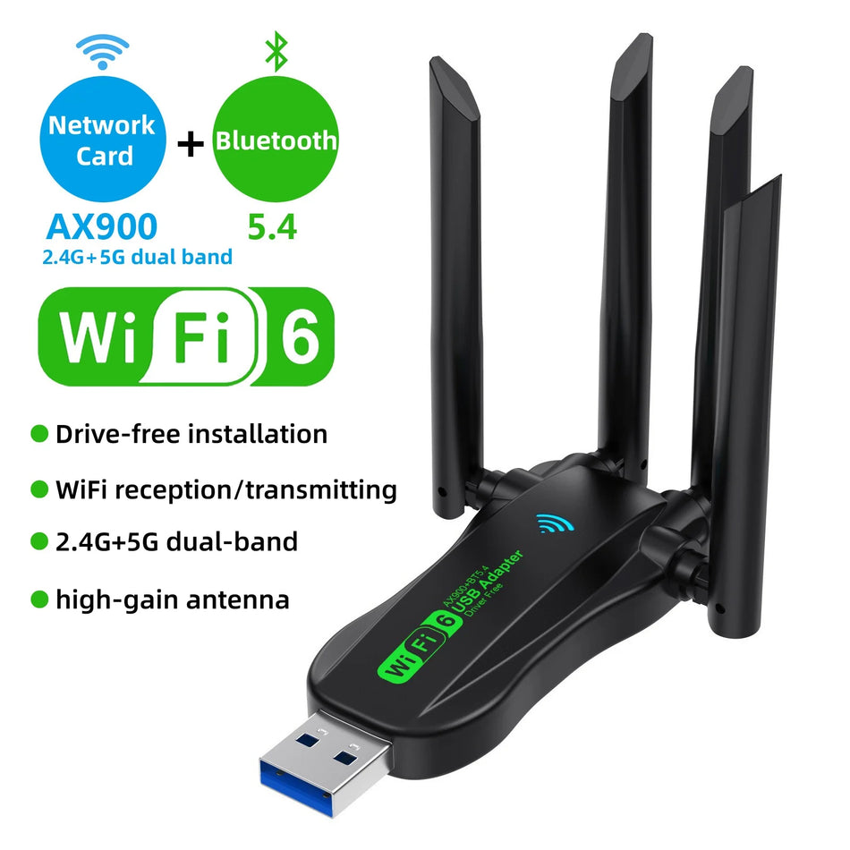 AX900 USB Bluetooth 5.4 Διπλής Ζώνης WiFi 6 Αντάπτορας, Χωρίς Οδηγούς για Windows 10/11