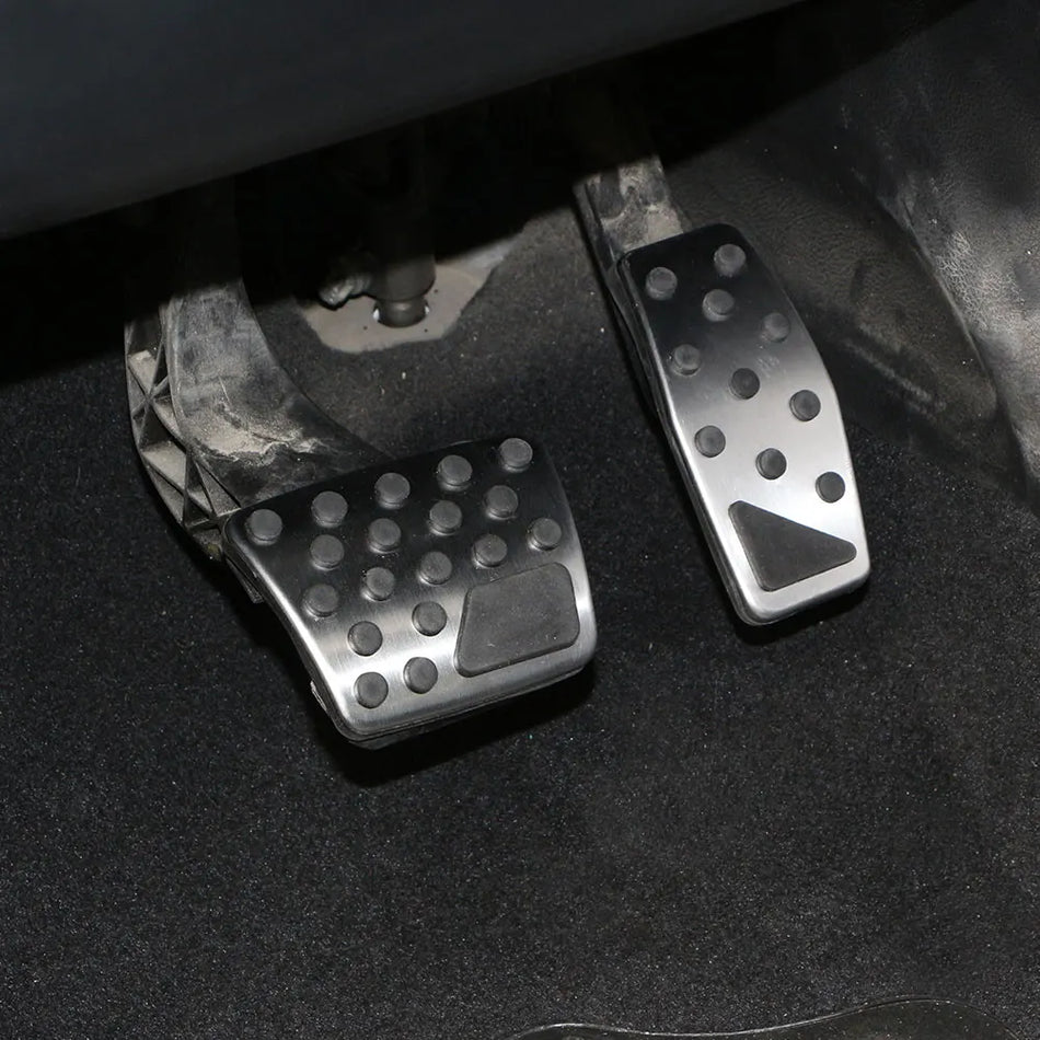 Gas And Brake Pedal Covers For Fiat 500X, Jeep Compass, And Renegade In Black With Silver Stainless Steel Rubber Grip