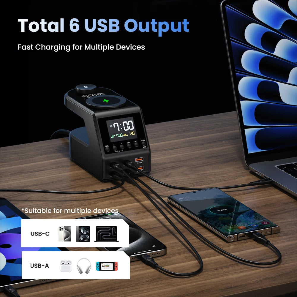 ASOMETECH 240W GaN Charger Station &ndash; Fast Wireless Charging with Time Display