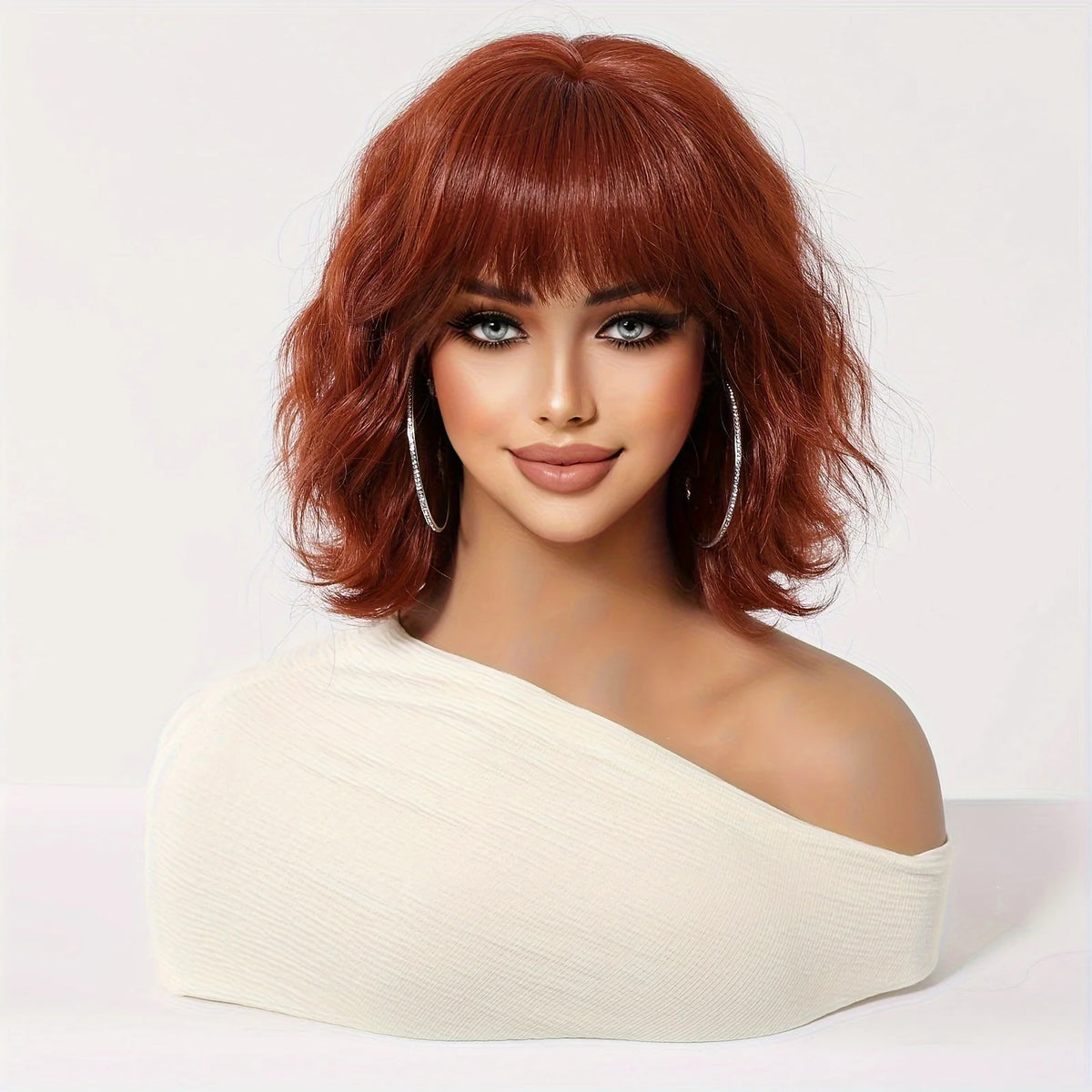 ALAN EATON Auburn Short Wavy Wig with Bangs - Heat Resistant Red Brown Hair for Cosplay and Parties