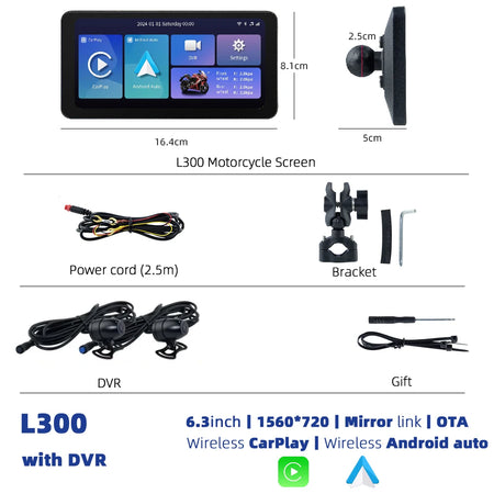 EKIY Universal 6.3 Inch Motorcycle Navigation &ndash; Wireless CarPlay and Android Auto L300-DVR