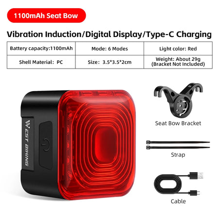 WEST BIKING Smart Brake Sensing Bicycle Taillight with Digital Power Display 1100mAh Seat Bow