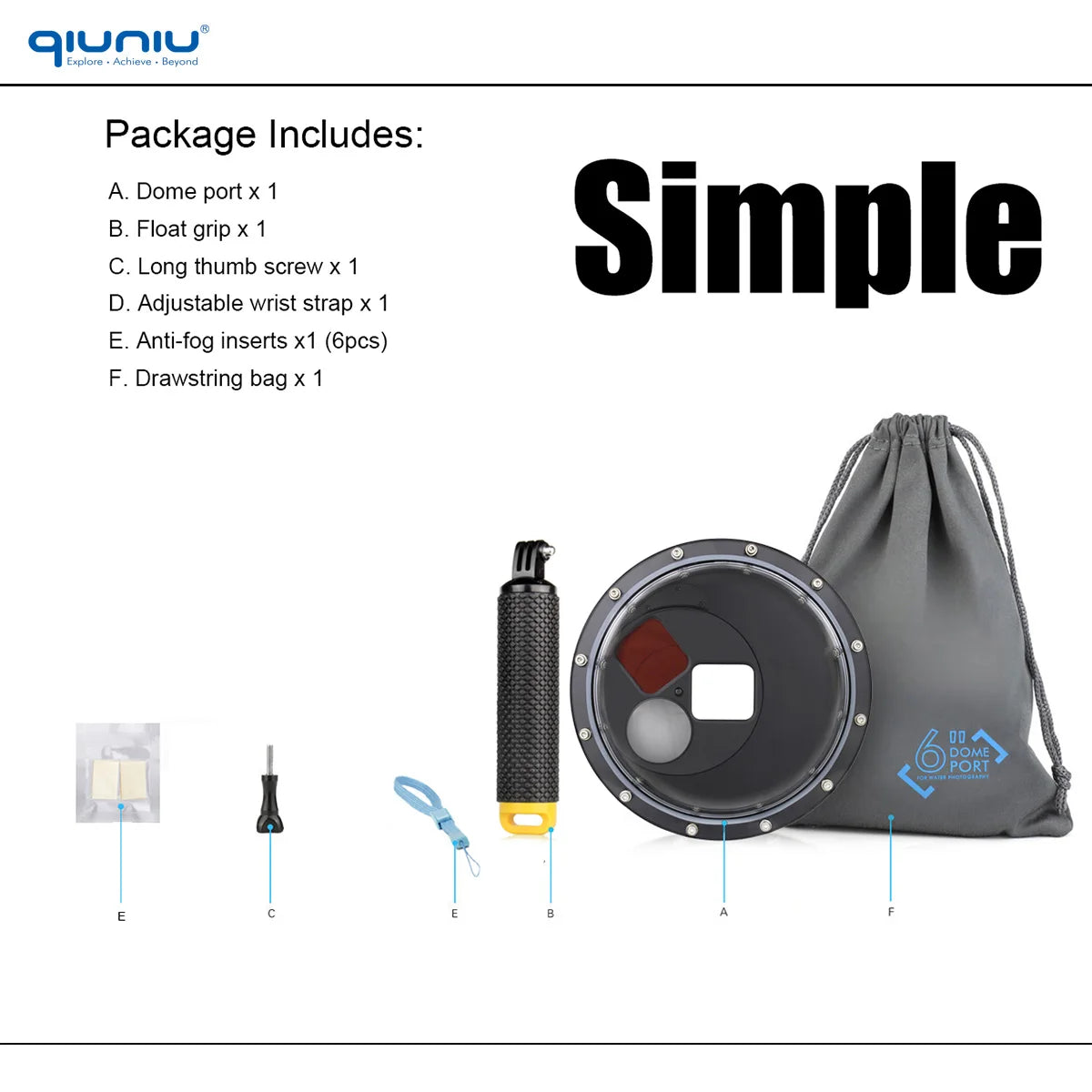 QIUNIU 45m Waterproof Dome Port for GoPro Hero 9-13 with Switchable Filters Simple
