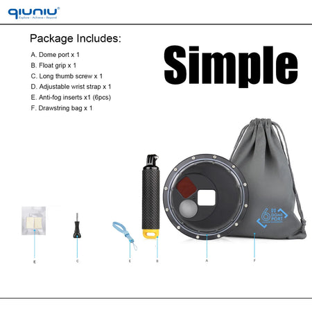 QIUNIU 45m Waterproof Dome Port for GoPro Hero 9-13 with Switchable Filters Simple