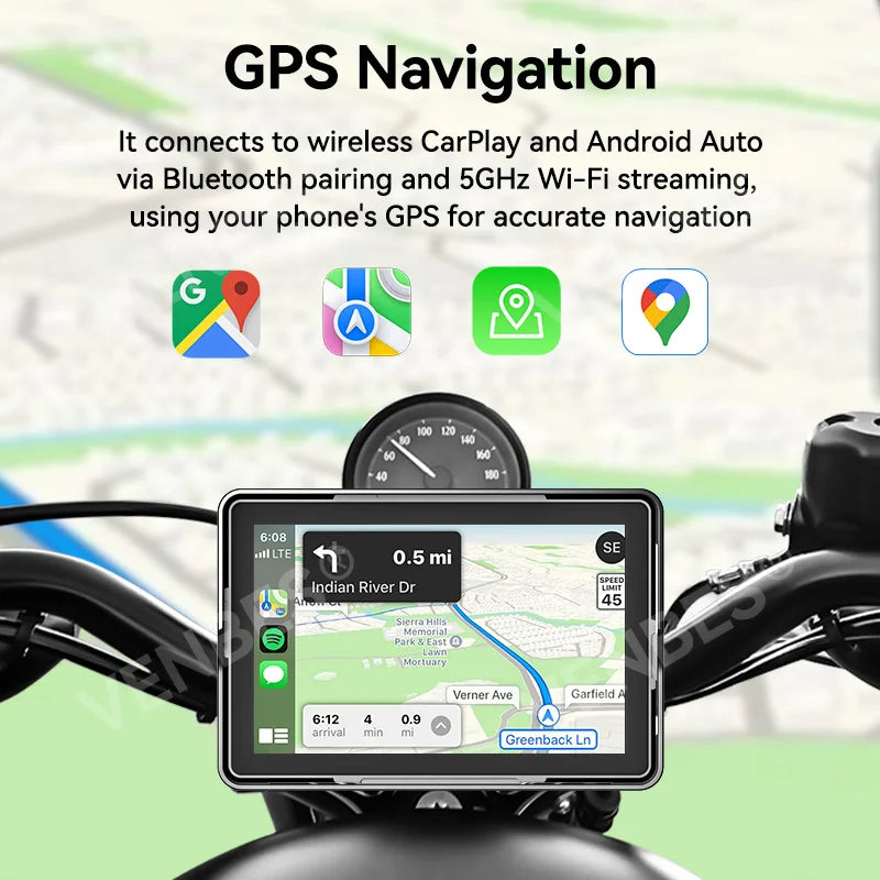VENBES 5 Inch Motorcycle Navigation &ndash; IP67 Waterproof with Wireless Carplay