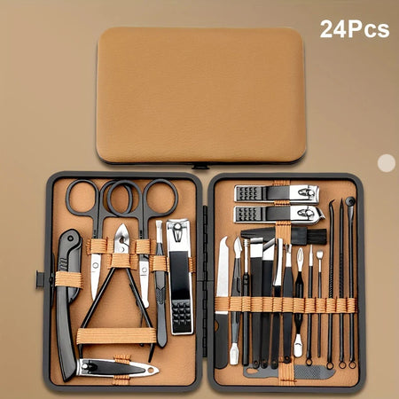 Manicure Set Stainless Steel 18Pcs - Compact Travel PU Case 24pcs Black-Brown