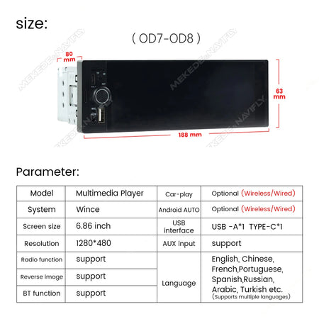 MEKEDE 6.86" 1Din Carplay Android Auto Radio with BT, USB, and FM Stereo