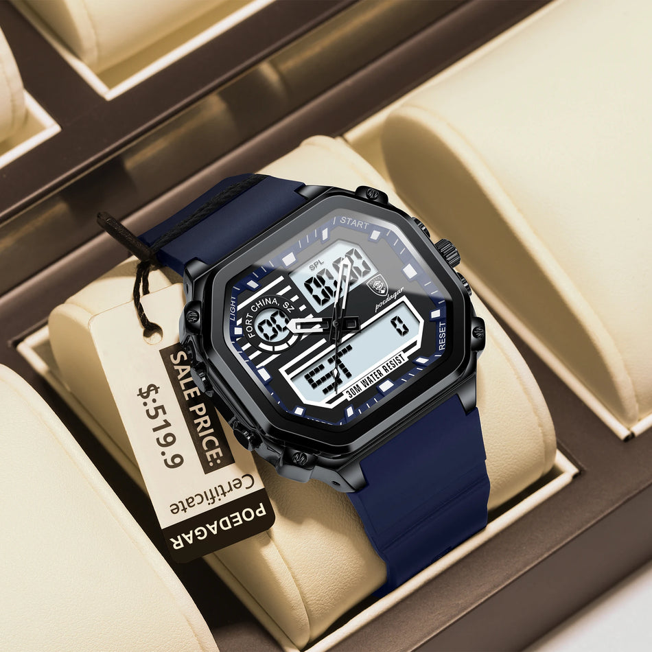 Waterdichte LED Herenhorloge Met Luminous Wijzerplaat, Week Datum, Vierkante Siliconen Band