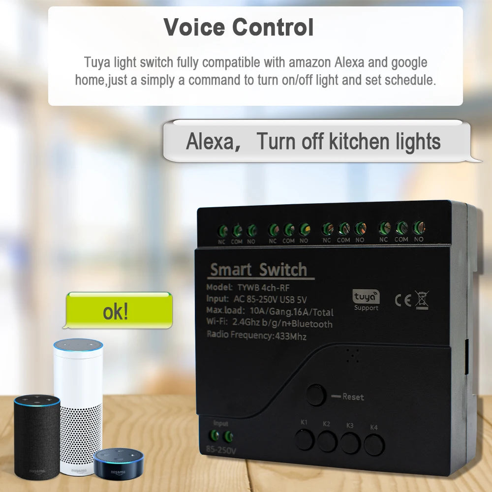 4CH Tuya WiFi Smart Switch with Voice Control and Remote Automation