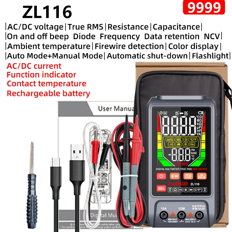 New 9999 Counts USB Charge Digital Multimetro &ndash; True RMS Auto Range Testing ZL116 / CHINA