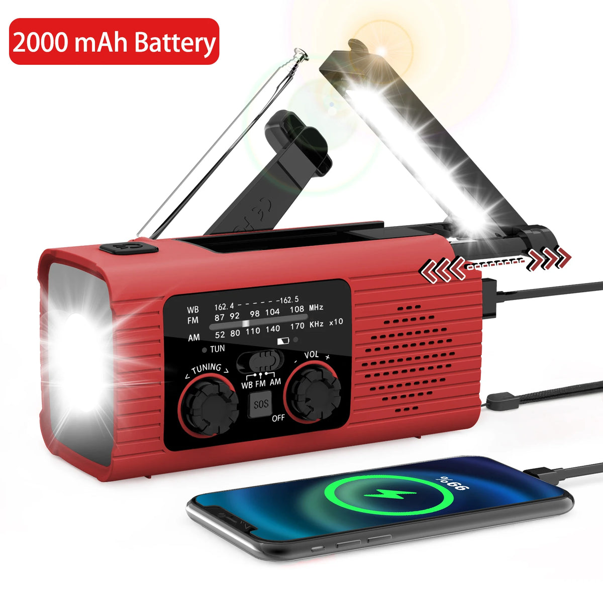 Solar Rechargeable Radio with LED Light - Emergency &amp; Outdoor Use L0635 Red
