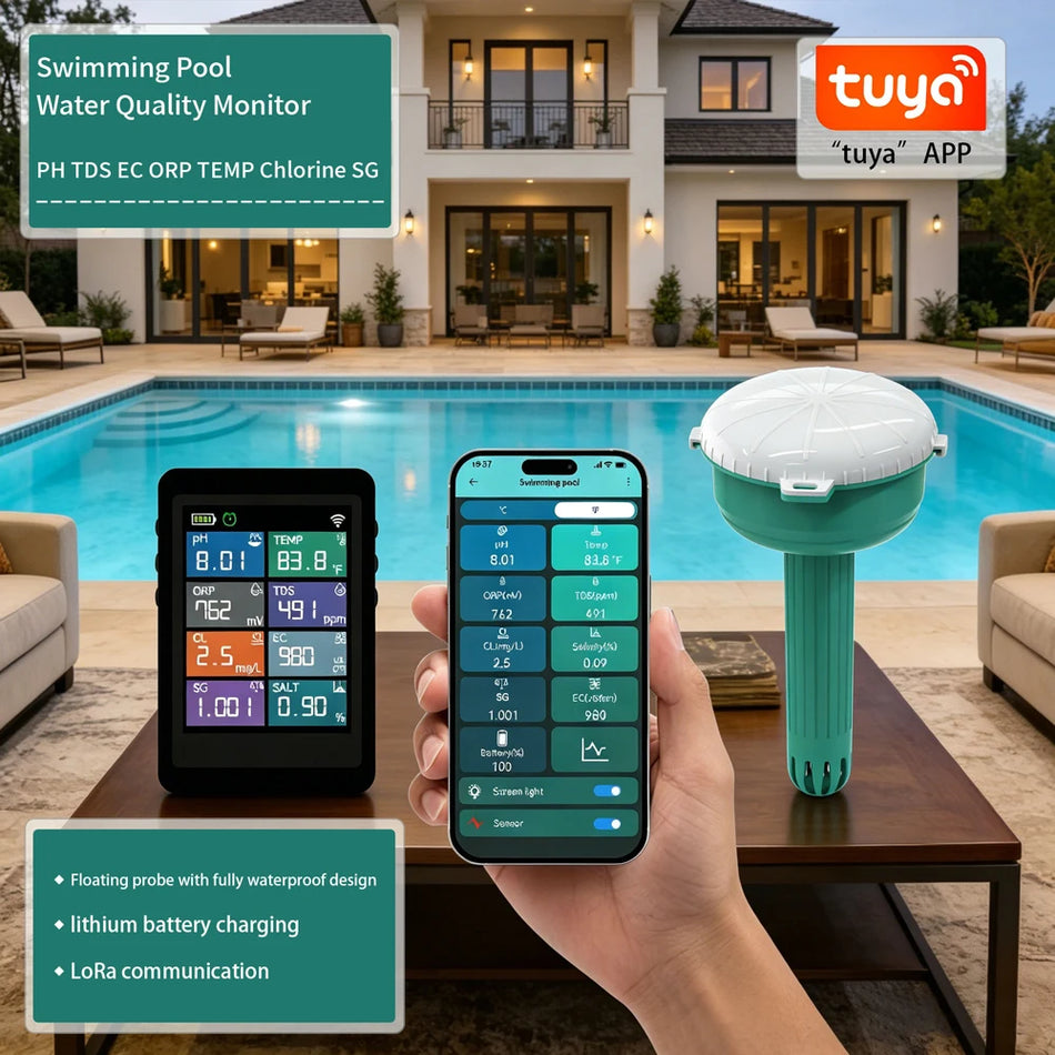 Online Pool Water Monitor Tuya WiFi Floating Water Quality Tester Smart 8 in 1 PH Chlorine EC TDS Salt S.G ORP TEMP Detector