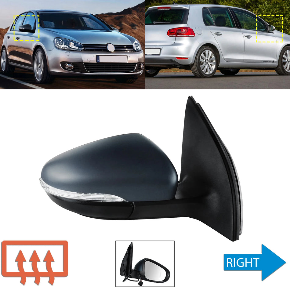 VW Golf MK6 2009-2013 Right Hand Heated Wing Door Mirror Black Primed Rearview