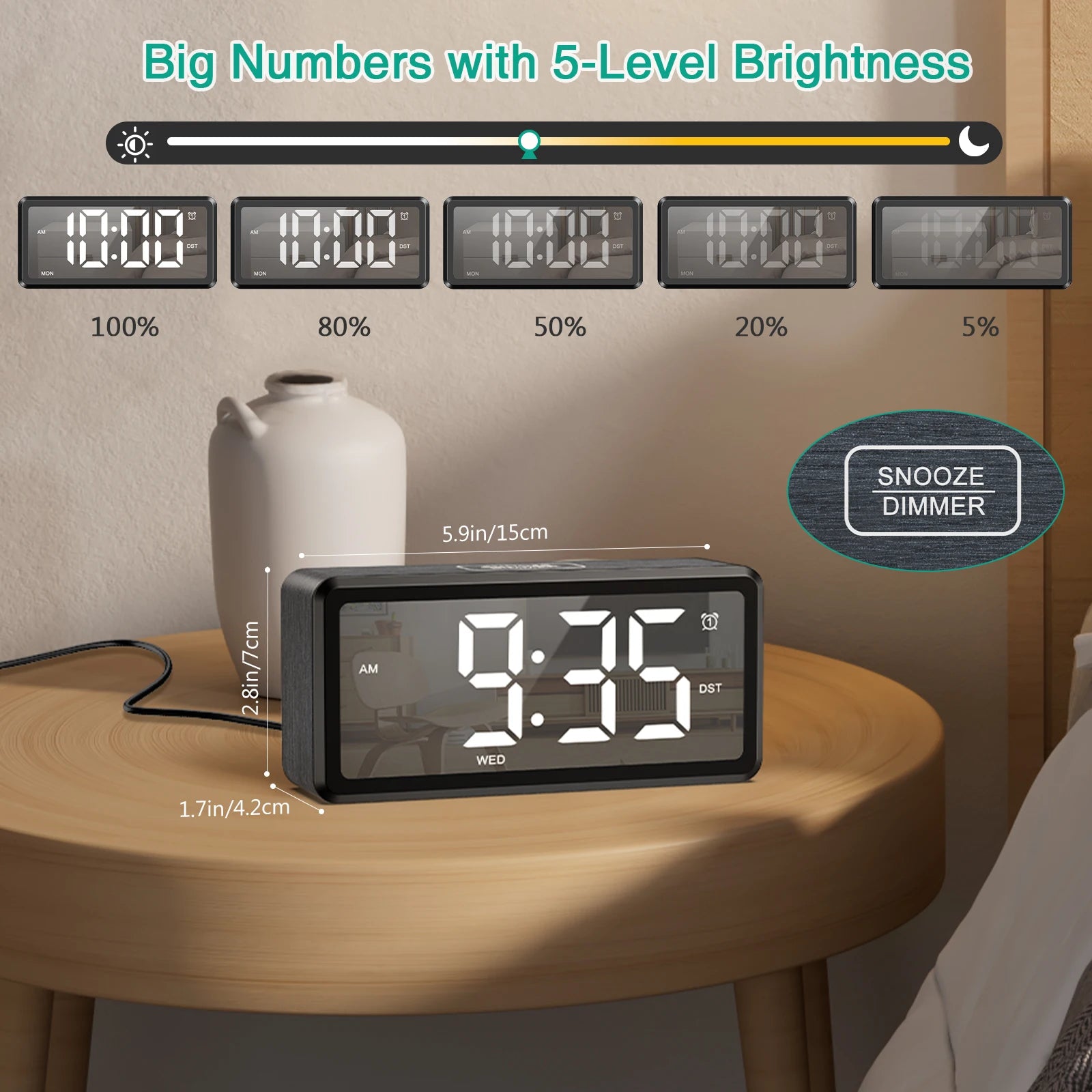 ORIA Wooden Grain Alarm Clock &ndash; Dual Alarm and Snooze Feature