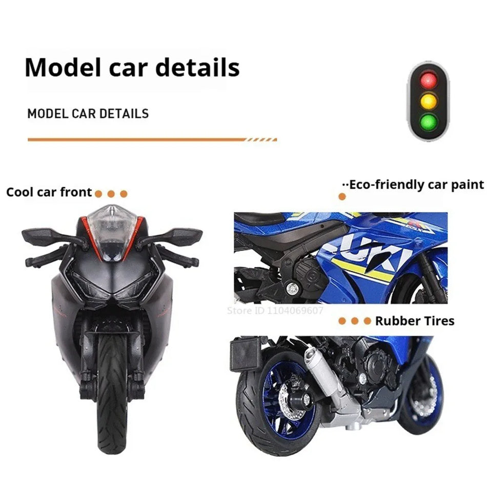 1:18 Diecast motorno kolo model z aluminijastim telesom, gumijastimi pnevmatikami, sprednjim krmiljenjem