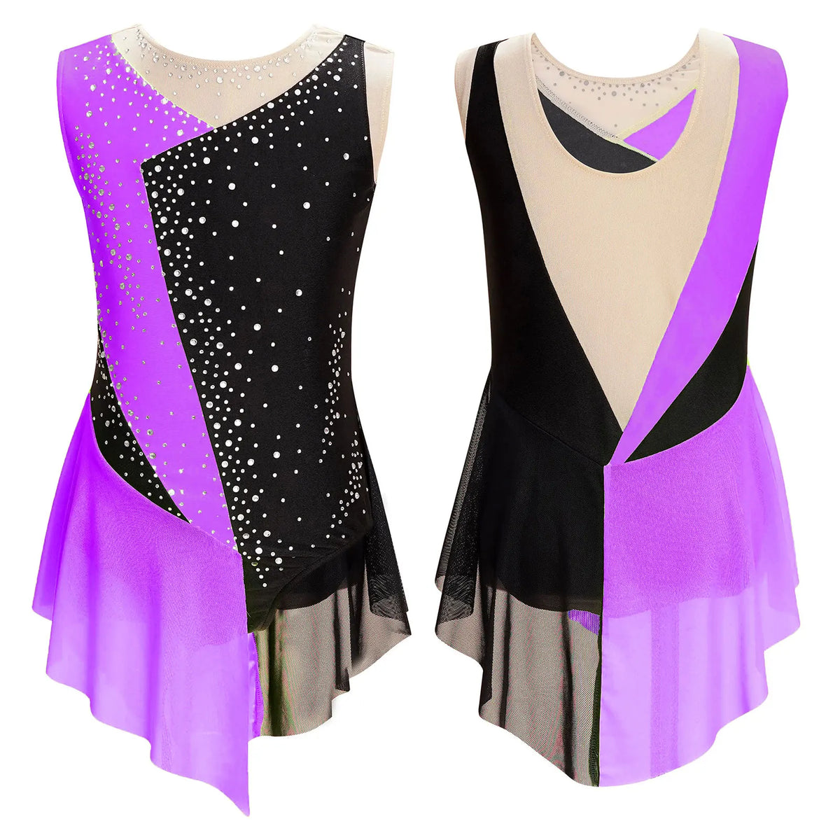 Girls Figure Ice Skating Dress &ndash; Color Block Rhinestone Design