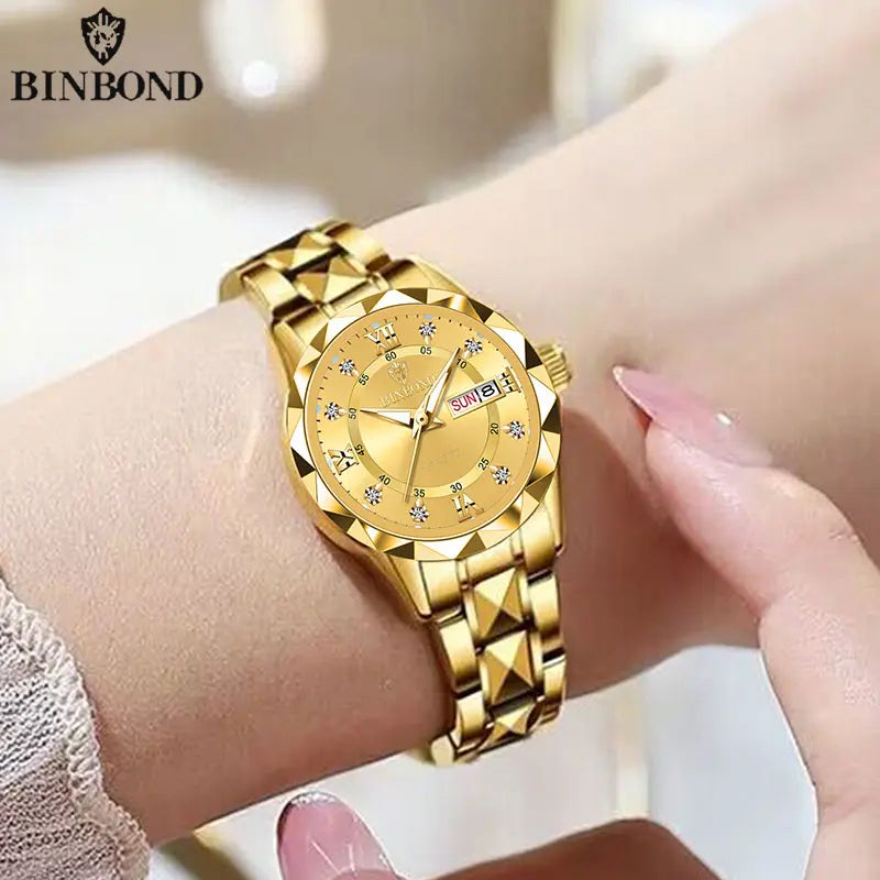 BINBONG Luxury Ladies Quartz Watch - Waterproof &amp; Luminous Gold Ms