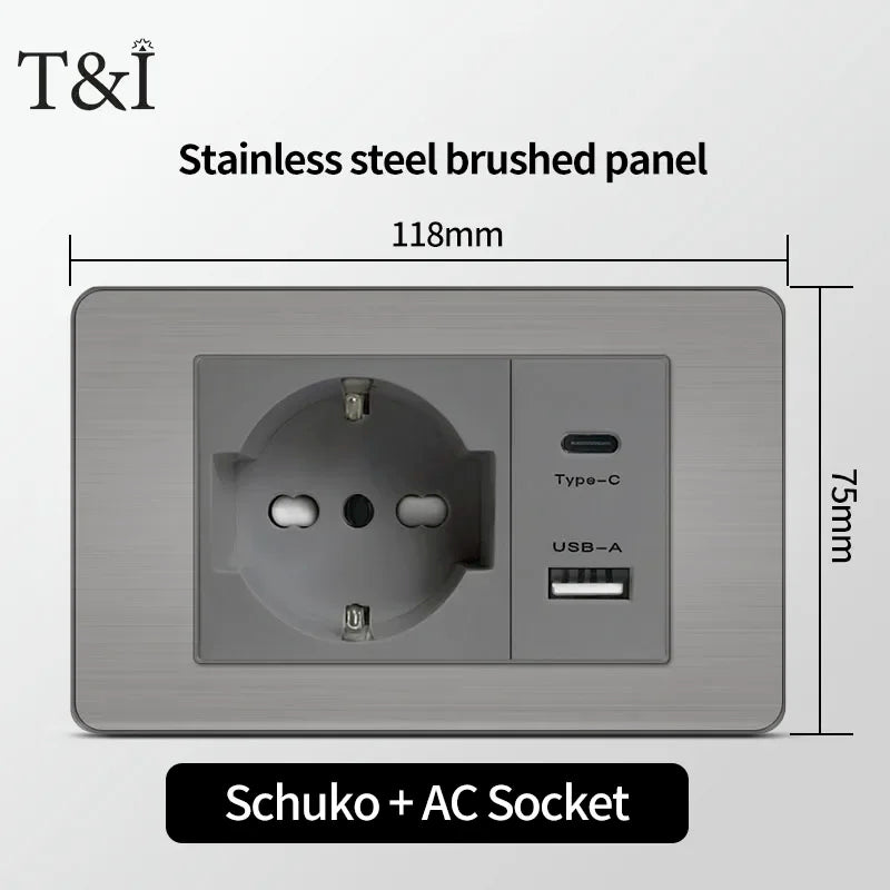118 Grey Tuya Wifi Wall Socket &ndash; USB Type-C Brushed Finish Schuko-AC / Grey