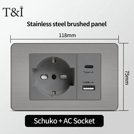 118 Grey Tuya Wifi Wall Socket &ndash; USB Type-C Brushed Finish Schuko-AC / Grey