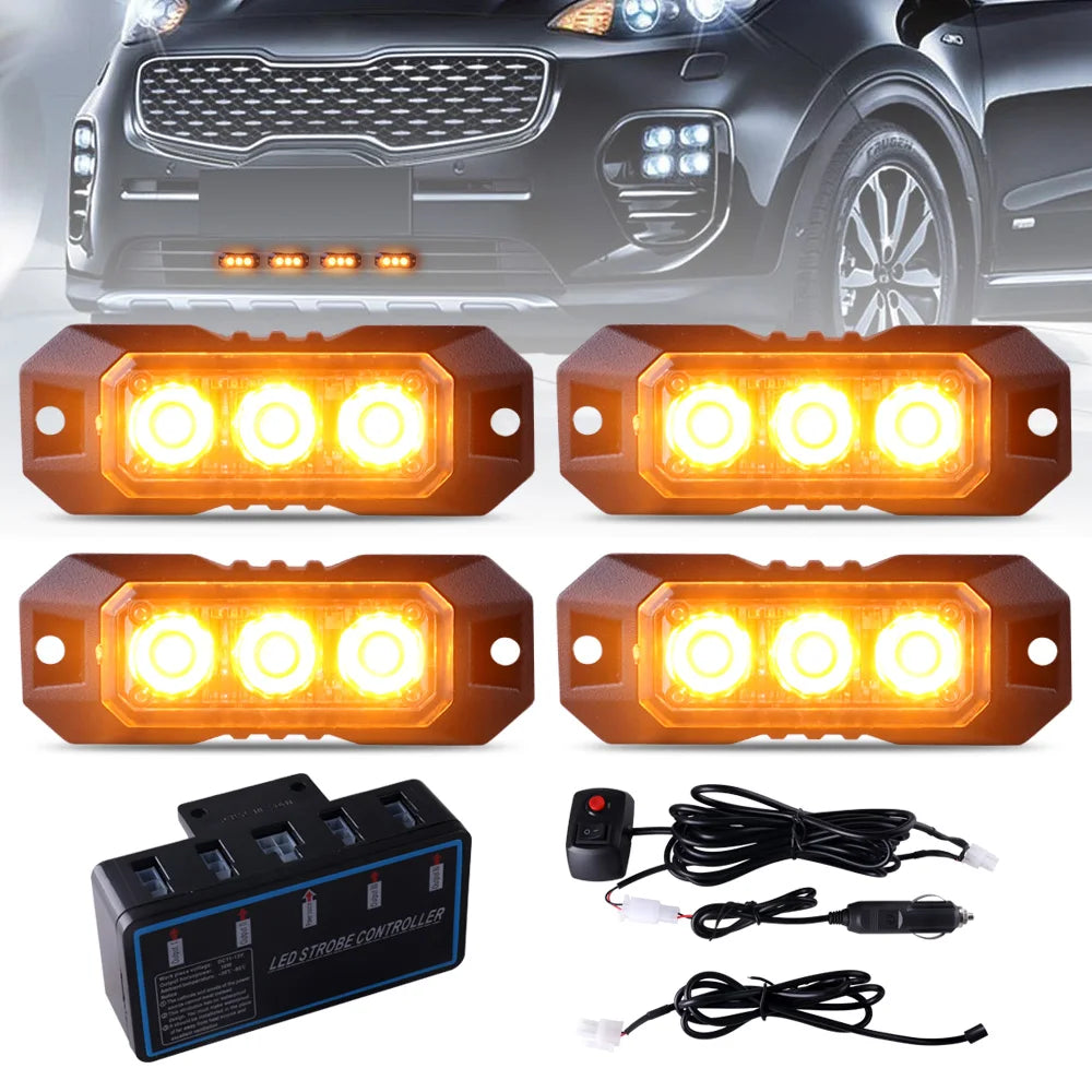 03K Flashing Light - Waterproof Vehicle Strobe Ultra Bright Yellow / 4PCS With Host
