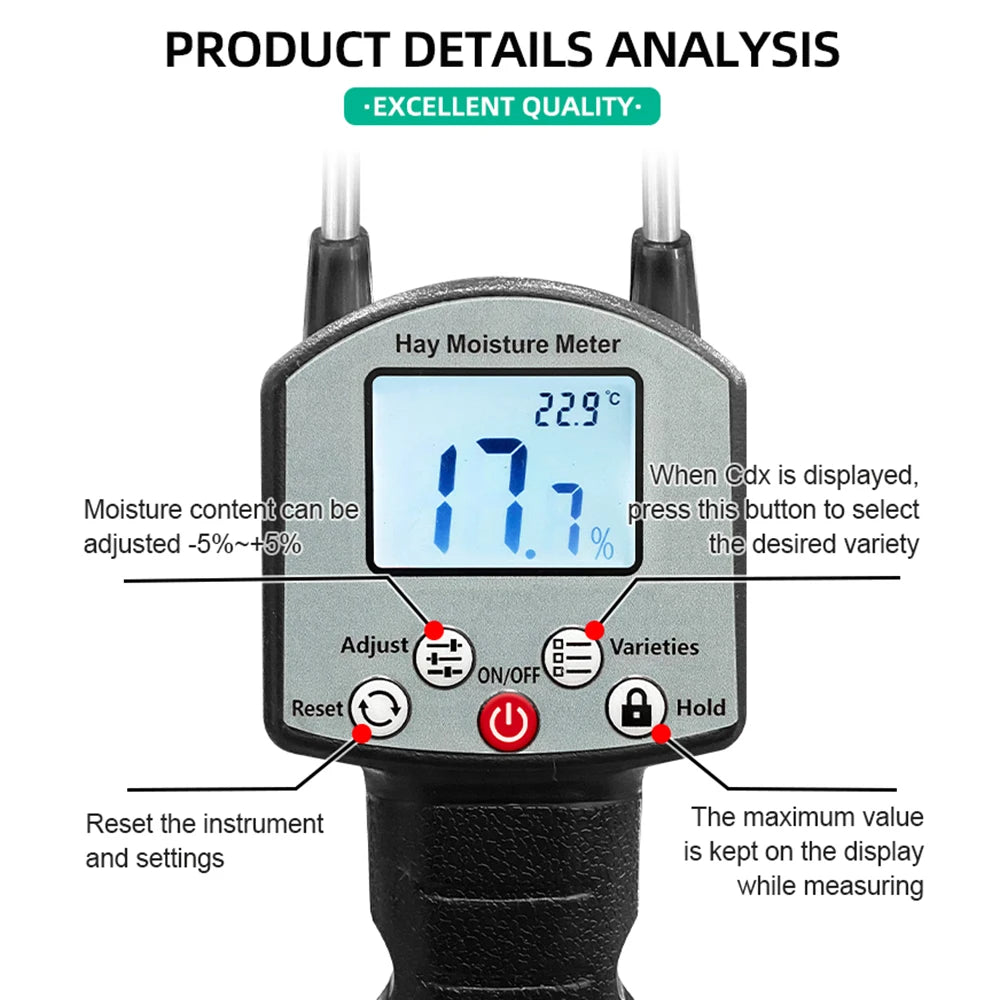 TK100 Hay Moisture Tester LCD Display - 0-80% Water Content
