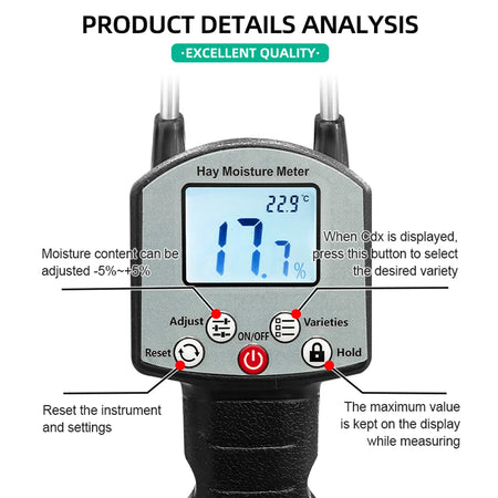 TK100 Hay Moisture Tester LCD Display - 0-80% Water Content