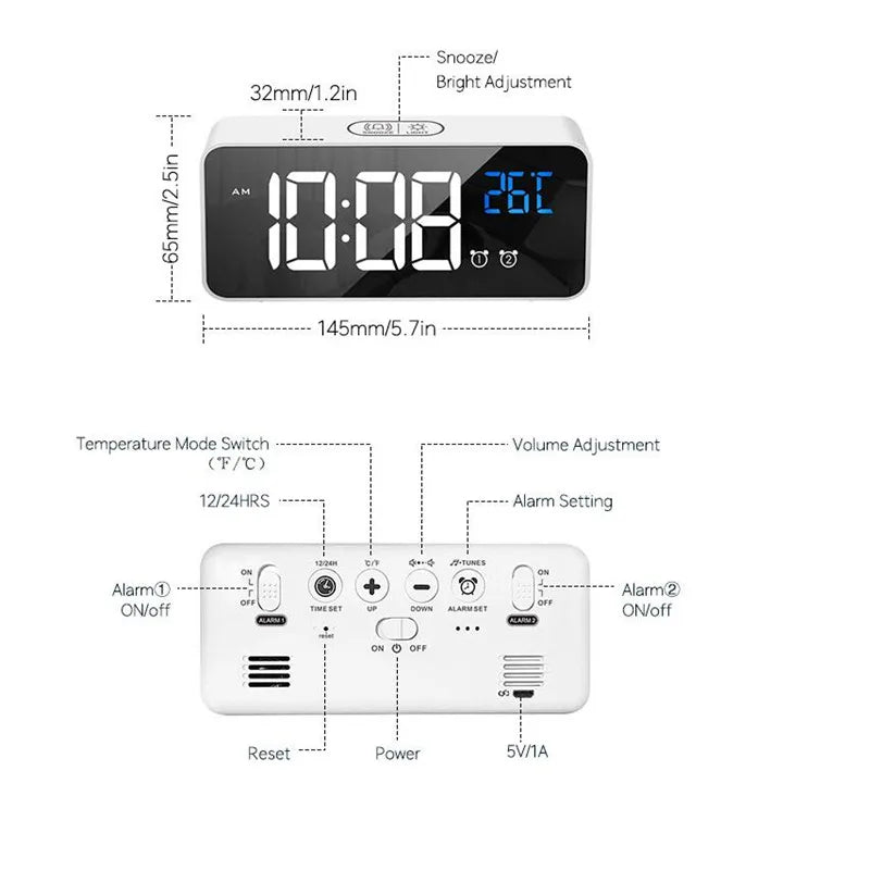 Voice Control Digital Alarm Clock with TEMP, Dual Alarms, Snooze &amp; Night Mode