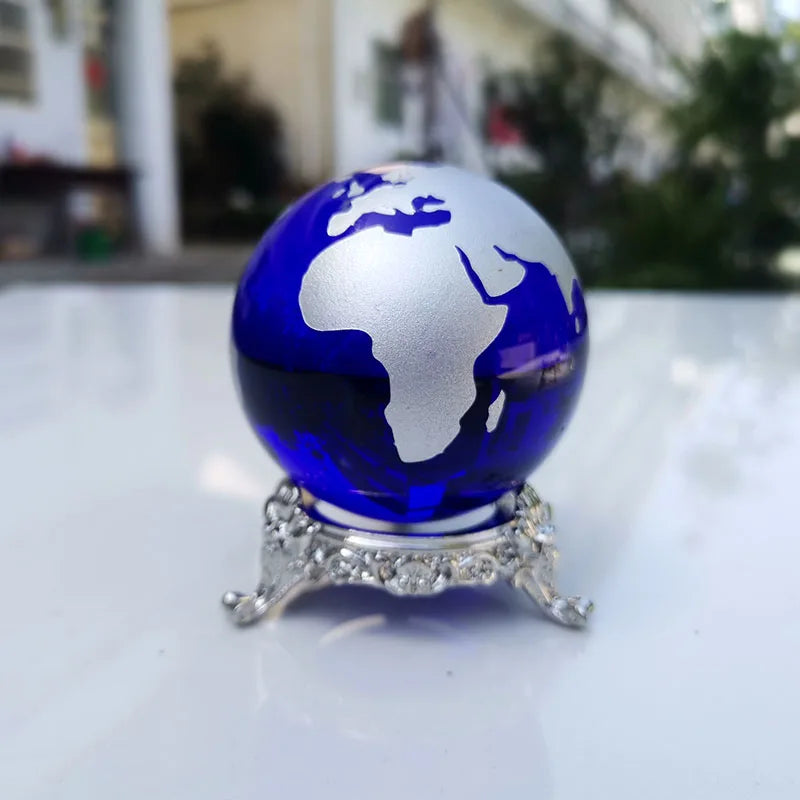 6cm Crystal Earth Ball with Base &ndash; Feng Shui Desk Decor with silver low base / 60mm