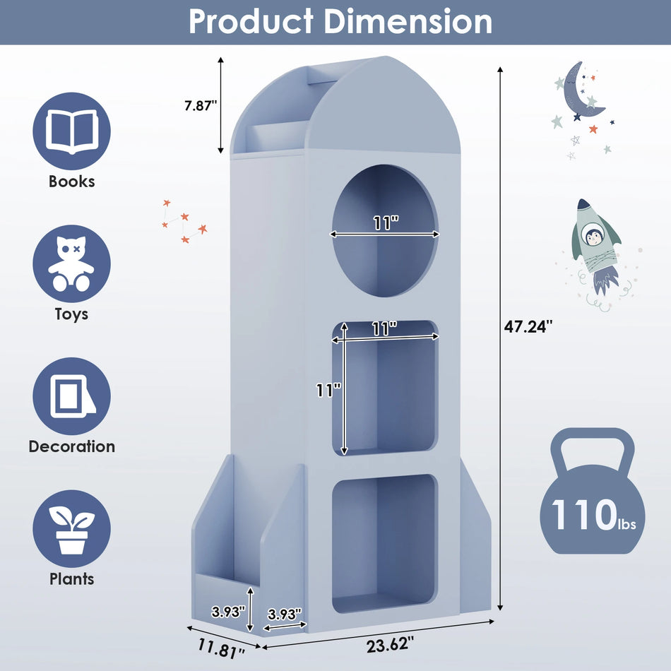 Синя ракета 3-етажна детска библиотека и органайзер за съхранение на играчки