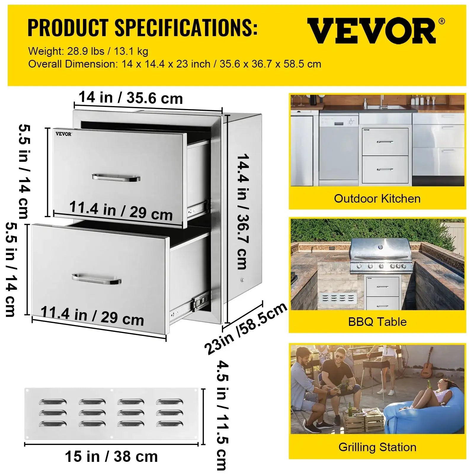 Stainless Steel Outdoor Drawers With Handle BBQ Island 14Wx15H Double / UNITED KINGDOM