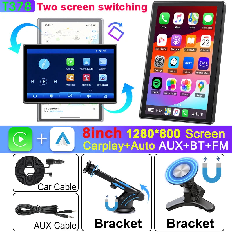 Universal 8 Inch Portable Car Screen - Wireless CarPlay Monitor Only